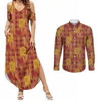 Aloha Hawaii Vintage Kahili Pa'a Lima Couples Matching Summer Maxi Dress and Long Sleeve Button Shirt Palaka Print Hilo Royal Red-Yellow