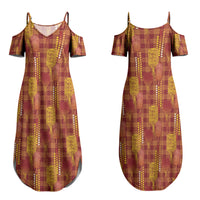 Aloha Hawaii Vintage Kahili Pa'a Lima Couples Matching Summer Maxi Dress and Long Sleeve Button Shirt Palaka Print Hilo Royal Red-Yellow