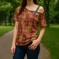 Aloha Hawaii Vintage Kahili Pa'a Lima Cross Shoulder Shirt Palaka Print Hilo Royal Red-Yellow