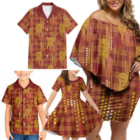 Aloha Hawaii Vintage Kahili Pa'a Lima Family Matching Off Shoulder Short Dress and Hawaiian Shirt Palaka Print Hilo Royal Red-Yellow