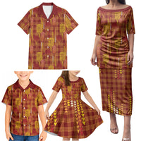 Aloha Hawaii Vintage Kahili Pa'a Lima Family Matching Puletasi and Hawaiian Shirt Palaka Print Hilo Royal Red-Yellow