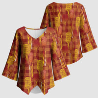 Aloha Hawaii Vintage Kahili Pa'a Lima Kimono Sleeve Blouse Palaka Print Hilo Royal Red-Yellow