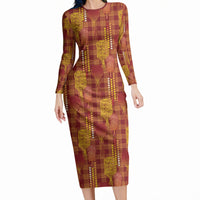 Aloha Hawaii Vintage Kahili Pa'a Lima Long Sleeve Bodycon Dress Palaka Print Hilo Royal Red-Yellow