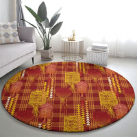 Aloha Hawaii Vintage Kahili Pa'a Lima Round Carpet Palaka Print Hilo Royal Red-Yellow