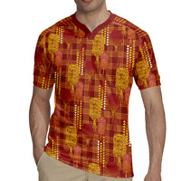 Aloha Hawaii Vintage Kahili Pa'a Lima Rugby Jersey Palaka Print Hilo Royal Red-Yellow