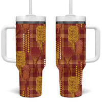 Aloha Hawaii Vintage Kahili Pa'a Lima Tumbler With Handle Palaka Print Hilo Royal Red-Yellow