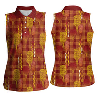 Aloha Hawaii Vintage Kahili Pa'a Lima Women Sleeveless Polo Shirt Palaka Print Hilo Royal Red-Yellow