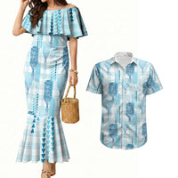 Aloha Hawaii Vintage Kahili Pa'a Lima Couples Matching Mermaid Dress and Hawaiian Shirt Palaka Print Oceanic Turquoise