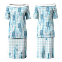Aloha Hawaii Vintage Kahili Pa'a Lima Couples Matching Puletasi and Hawaiian Shirt Palaka Print Oceanic Turquoise