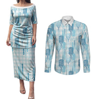 Aloha Hawaii Vintage Kahili Pa'a Lima Couples Matching Puletasi and Long Sleeve Button Shirt Palaka Print Oceanic Turquoise