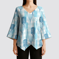 Aloha Hawaii Vintage Kahili Pa'a Lima Kimono Sleeve Blouse Palaka Print Oceanic Turquoise
