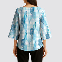 Aloha Hawaii Vintage Kahili Pa'a Lima Kimono Sleeve Blouse Palaka Print Oceanic Turquoise