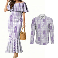 Aloha Hawaii Vintage Kahili Pa'a Lima Couples Matching Mermaid Dress and Long Sleeve Button Shirt Palaka Print Pastel Lavender