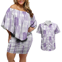 Aloha Hawaii Vintage Kahili Pa'a Lima Couples Matching Off Shoulder Short Dress and Hawaiian Shirt Palaka Print Pastel Lavender