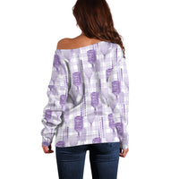 Aloha Hawaii Vintage Kahili Pa'a Lima Off Shoulder Sweater Palaka Print Pastel Lavender