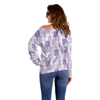 Aloha Hawaii Vintage Kahili Pa'a Lima Off Shoulder Sweater Palaka Print Pastel Lavender