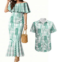 Aloha Hawaii Vintage Kahili Pa'a Lima Couples Matching Mermaid Dress and Hawaiian Shirt Palaka Print Mossy Teal