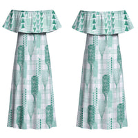 Aloha Hawaii Vintage Kahili Pa'a Lima Couples Matching Off Shoulder Maxi Dress and Hawaiian Shirt Palaka Print Mossy Teal