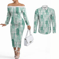 Aloha Hawaii Vintage Kahili Pa'a Lima Couples Matching Off The Shoulder Long Sleeve Dress and Long Sleeve Button Shirt Palaka Print Mossy Teal