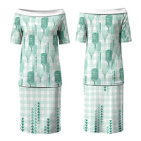 Aloha Hawaii Vintage Kahili Pa'a Lima Couples Matching Puletasi and Long Sleeve Button Shirt Palaka Print Mossy Teal