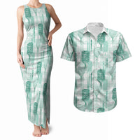 Aloha Hawaii Vintage Kahili Pa'a Lima Couples Matching Tank Maxi Dress and Hawaiian Shirt Palaka Print Mossy Teal
