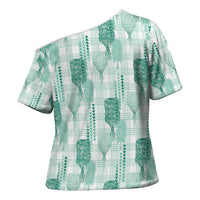 Aloha Hawaii Vintage Kahili Pa'a Lima Cross Shoulder Shirt Palaka Print Mossy Teal