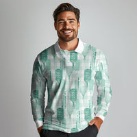 Aloha Hawaii Vintage Kahili Pa'a Lima Long Sleeve Polo Shirt Palaka Print Mossy Teal