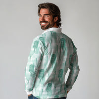 Aloha Hawaii Vintage Kahili Pa'a Lima Long Sleeve Polo Shirt Palaka Print Mossy Teal