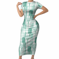 Aloha Hawaii Vintage Kahili Pa'a Lima Short Sleeve Bodycon Dress Palaka Print Mossy Teal