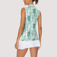 Aloha Hawaii Vintage Kahili Pa'a Lima Women Sleeveless Polo Shirt Palaka Print Mossy Teal