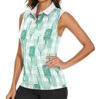 Aloha Hawaii Vintage Kahili Pa'a Lima Women Sleeveless Polo Shirt Palaka Print Mossy Teal