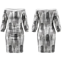 Aloha Hawaii Vintage Kahili Pa'a Lima Couples Matching Off The Shoulder Long Sleeve Dress and Hawaiian Shirt Palaka Print Hinahina