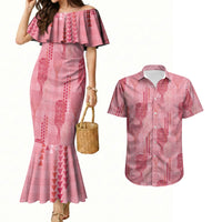 Aloha Hawaii Vintage Kahili Pa'a Lima Couples Matching Mermaid Dress and Hawaiian Shirt Palaka Print Berry Pink