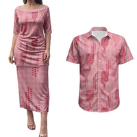 Aloha Hawaii Vintage Kahili Pa'a Lima Couples Matching Puletasi and Hawaiian Shirt Palaka Print Berry Pink