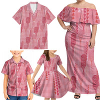 Aloha Hawaii Vintage Kahili Pa'a Lima Family Matching Off Shoulder Maxi Dress and Hawaiian Shirt Palaka Print Berry Pink
