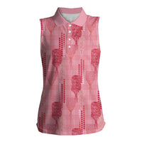 Aloha Hawaii Vintage Kahili Pa'a Lima Women Sleeveless Polo Shirt Palaka Print Berry Pink