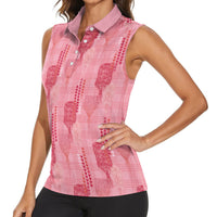Aloha Hawaii Vintage Kahili Pa'a Lima Women Sleeveless Polo Shirt Palaka Print Berry Pink