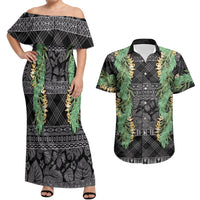 Hawai'i Paniolo Maile Twisted Lei Couples Matching Off Shoulder Maxi Dress and Hawaiian Shirt Obsidian Black LT7 Black - Polynesian Pride