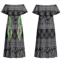 Hawai'i Paniolo Maile Twisted Lei Couples Matching Off Shoulder Maxi Dress and Hawaiian Shirt Obsidian Black LT7 - Polynesian Pride
