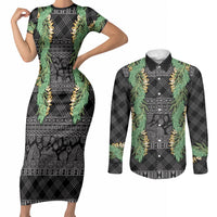 Hawai'i Paniolo Maile Twisted Lei Couples Matching Short Sleeve Bodycon Dress and Long Sleeve Button Shirt Obsidian Black LT7 Black - Polynesian Pride