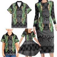 Hawai'i Paniolo Maile Twisted Lei Family Matching Long Sleeve Bodycon Dress and Hawaiian Shirt Obsidian Black LT7 - Polynesian Pride