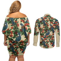 New Zealand Christmas Couples Matching Off Shoulder Short Dress and Long Sleeve Button Shirt Romantic Tui Birds on Pohutukawa - Ivory - Polynesian Pride