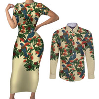 New Zealand Christmas Couples Matching Short Sleeve Bodycon Dress and Long Sleeve Button Shirt Romantic Tui Birds on Pohutukawa - Ivory - Polynesian Pride