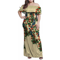 New Zealand Christmas Family Matching Off Shoulder Maxi Dress and Hawaiian Shirt Romantic Tui Birds on Pohutukawa - Ivory - Polynesian Pride