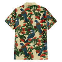 New Zealand Christmas Family Matching Off Shoulder Short Dress and Hawaiian Shirt Romantic Tui Birds on Pohutukawa - Ivory - Polynesian Pride