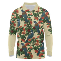 New Zealand Christmas Long Sleeve Polo Shirt Romantic Tui Birds on Pohutukawa - Ivory - Polynesian Pride