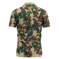 New Zealand Christmas Zipper Polo Shirt Romantic Tui Birds on Pohutukawa - Ivory - Polynesian Pride