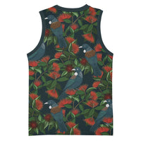 New Zealand Christmas Basketball Jersey Romantic Tui Birds on Pohutukawa - Cobalt - Polynesian Pride
