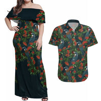 New Zealand Christmas Couples Matching Off Shoulder Maxi Dress and Hawaiian Shirt Romantic Tui Birds on Pohutukawa - Cobalt - Polynesian Pride