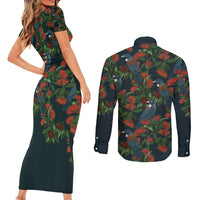 New Zealand Christmas Couples Matching Short Sleeve Bodycon Dress and Long Sleeve Button Shirt Romantic Tui Birds on Pohutukawa - Cobalt - Polynesian Pride